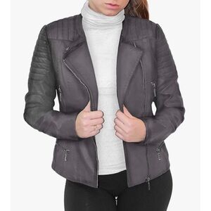Olivia Miller Faux Leather Moto Biker Jacket Grey